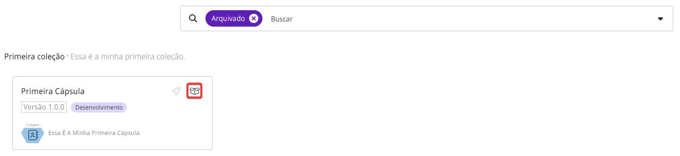 Botão "Restaurar Cápsula" representado por um ícone de caixa aberta em um cartão de uma Cápsula.