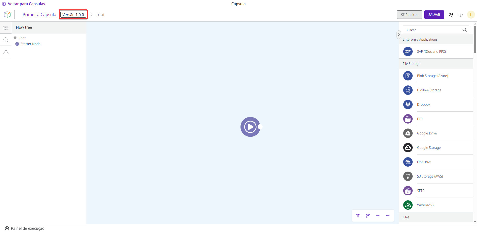 Ambiente de Cápsula com a versão da Cápsula exibida ao lado do nome da Cápsula.