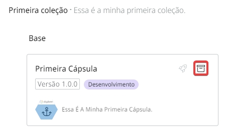 Botão "Arquivar" representado por um ícone de arquivo em um cartão de uma Cápsula.