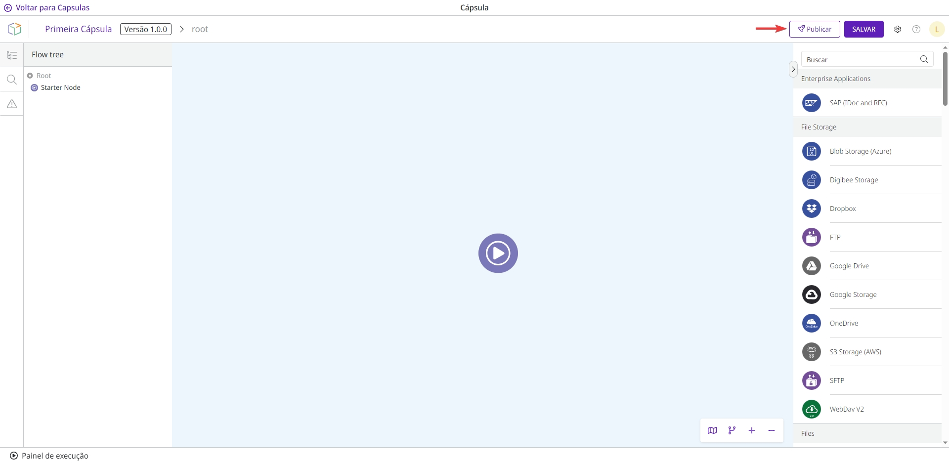 Uma seta aponta para o botão "Publicar" no canto superior direito da tela, próximo ao botão "Salvar".