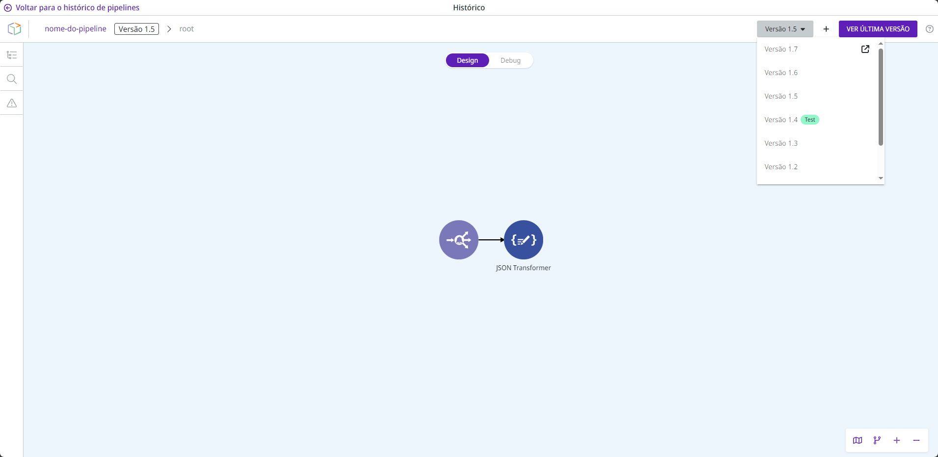 Tela do canvas, por onde você pode ver, criar ou restaurar versões do pipeline.