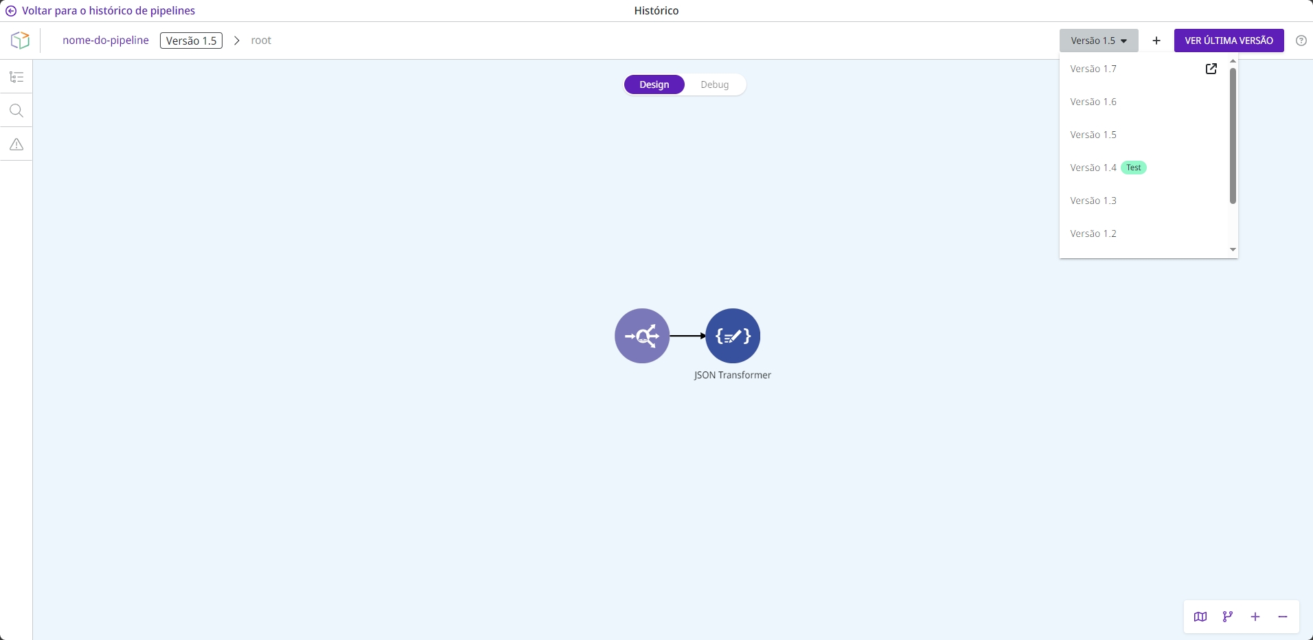 Tela do canvas, por onde você pode ver, criar ou restaurar versões do pipeline.