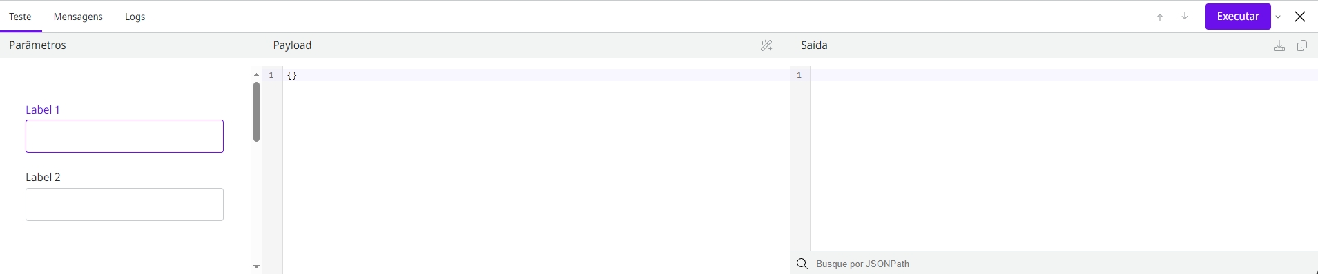 O Painel de execução, que permite testar a execução da Cápsula.