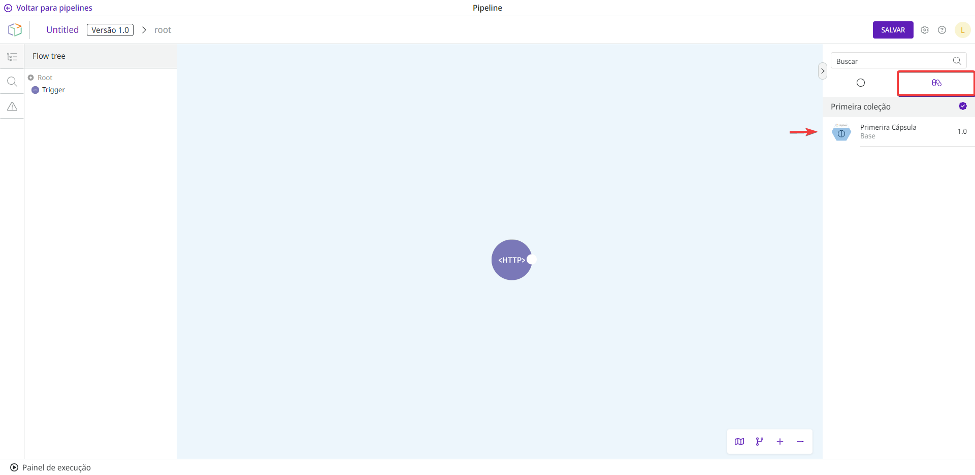 O canvas do Pipeline, onde você pode acessar a paleta de Cápsulas e usar as Cápsulas publicadas.