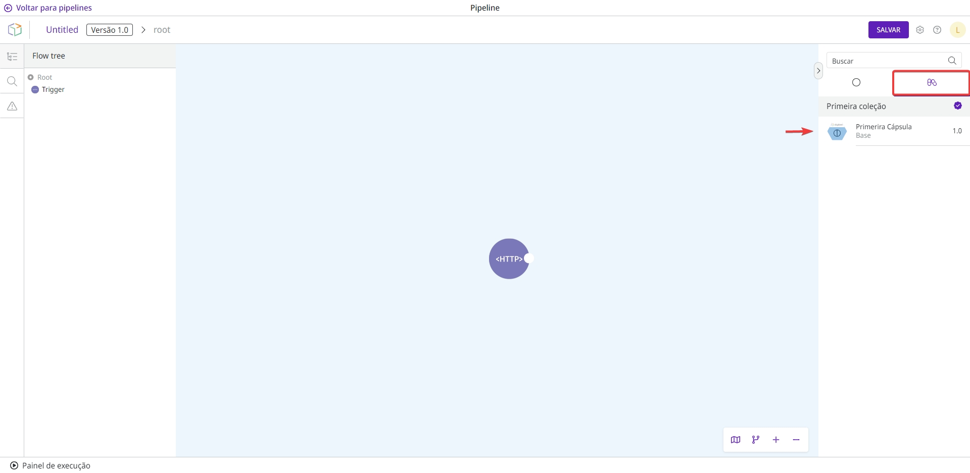 O canvas do Pipeline, onde você pode acessar a paleta de Cápsulas e usar as Cápsulas publicadas.