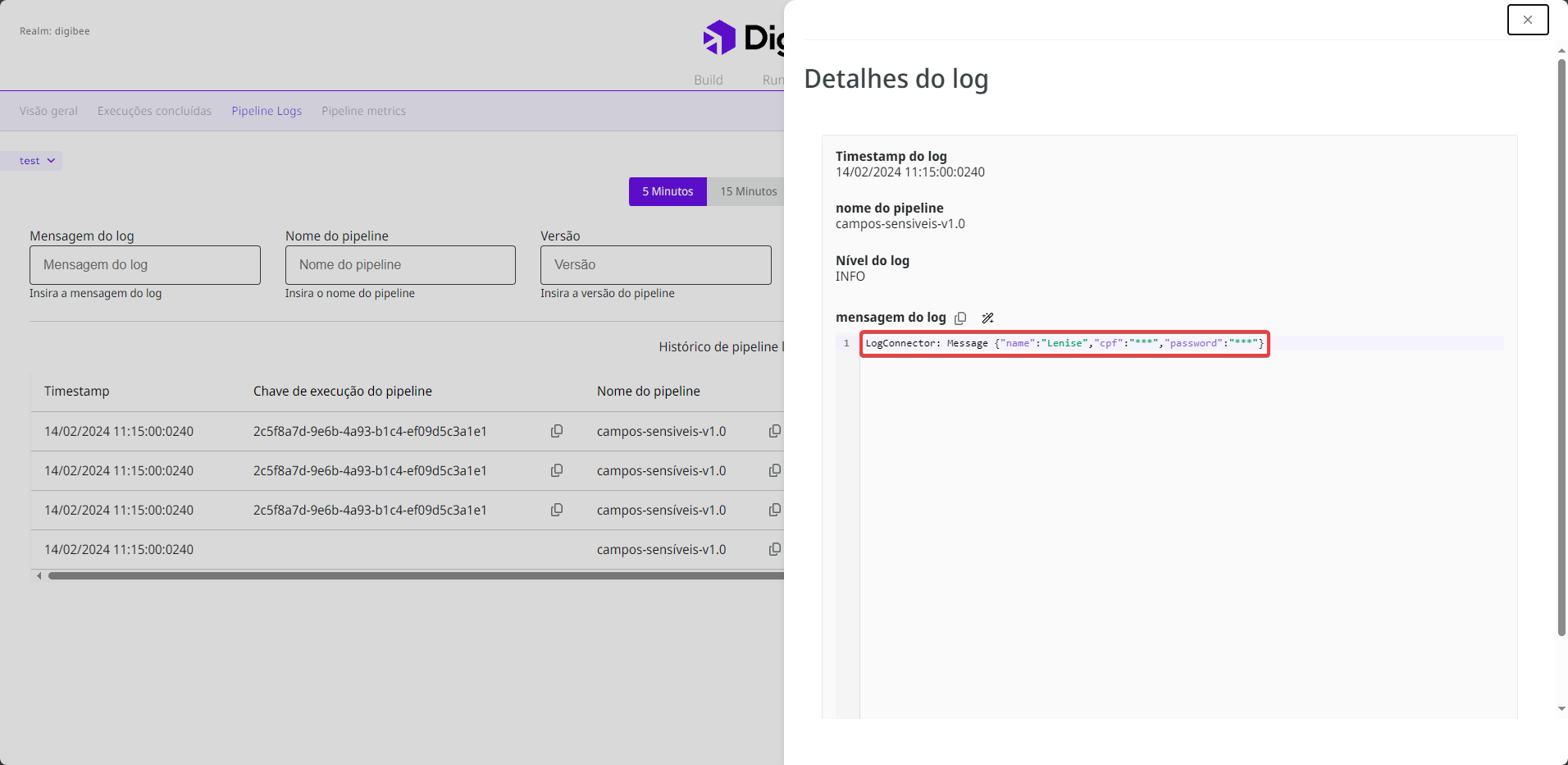 Detalhes de um log que contém informações sensíveis.