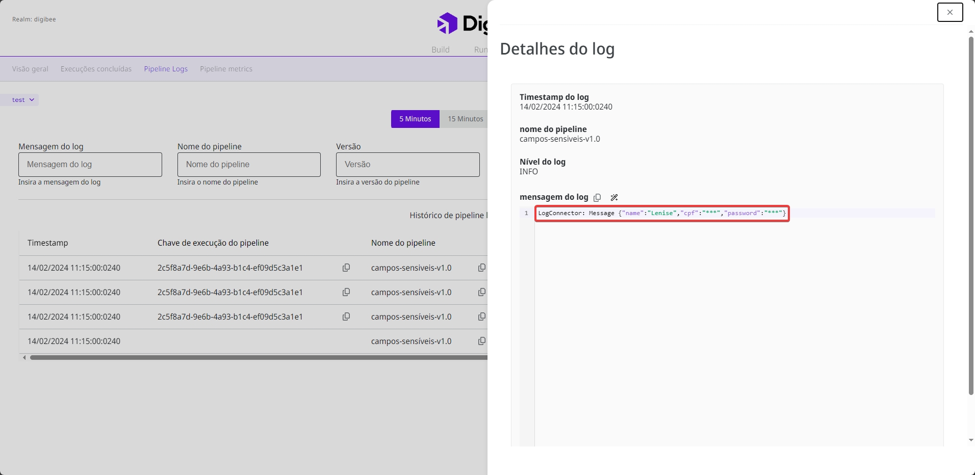Detalhes de um log que contém informações sensíveis.