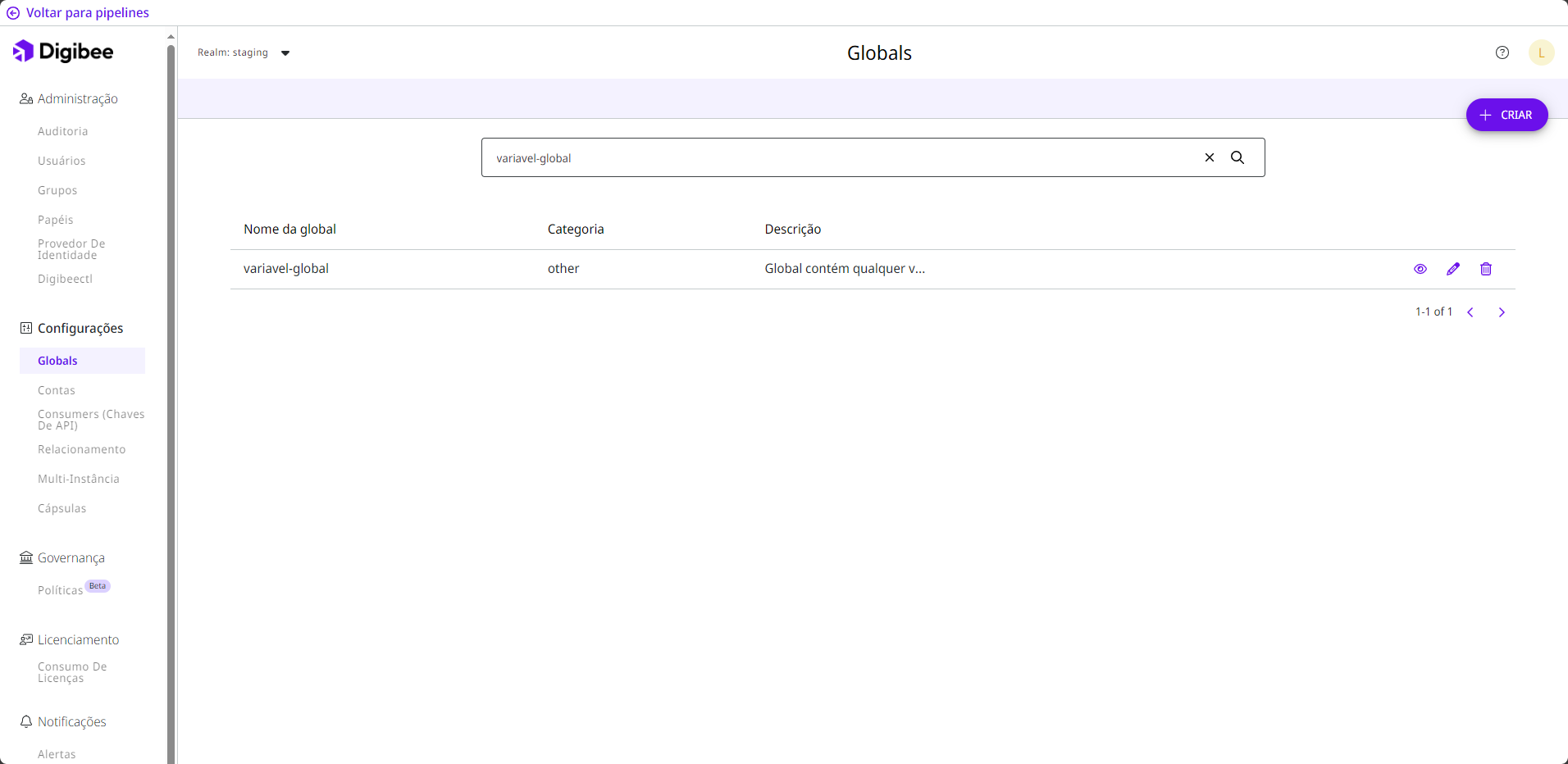 Página Globals onde você pode criar, visualizar, editar e deletar variáveis globais.