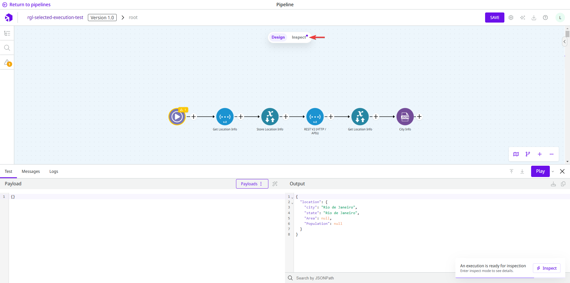 Button to switch between design and debug mode.