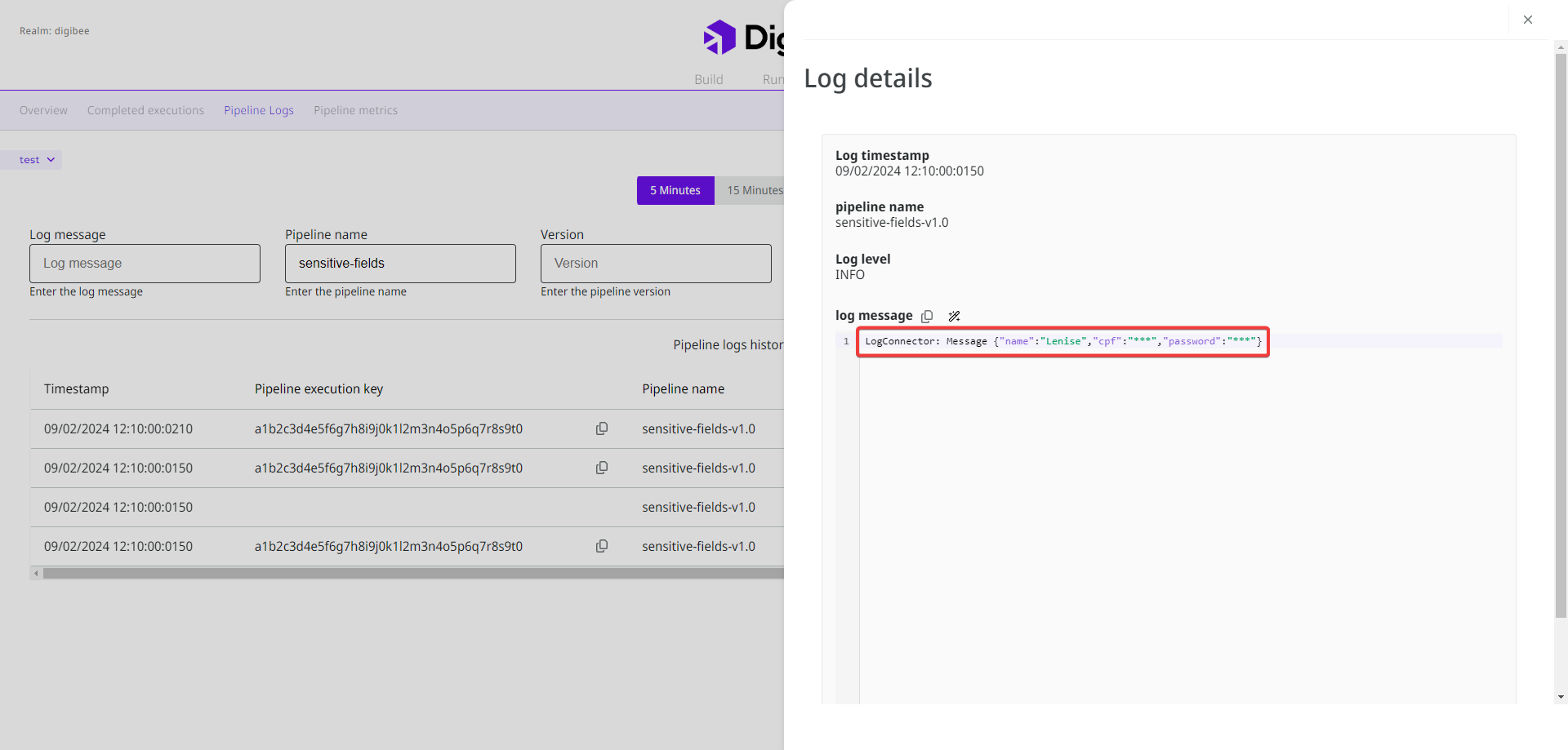 Log details of a log that contains sensitive fields.