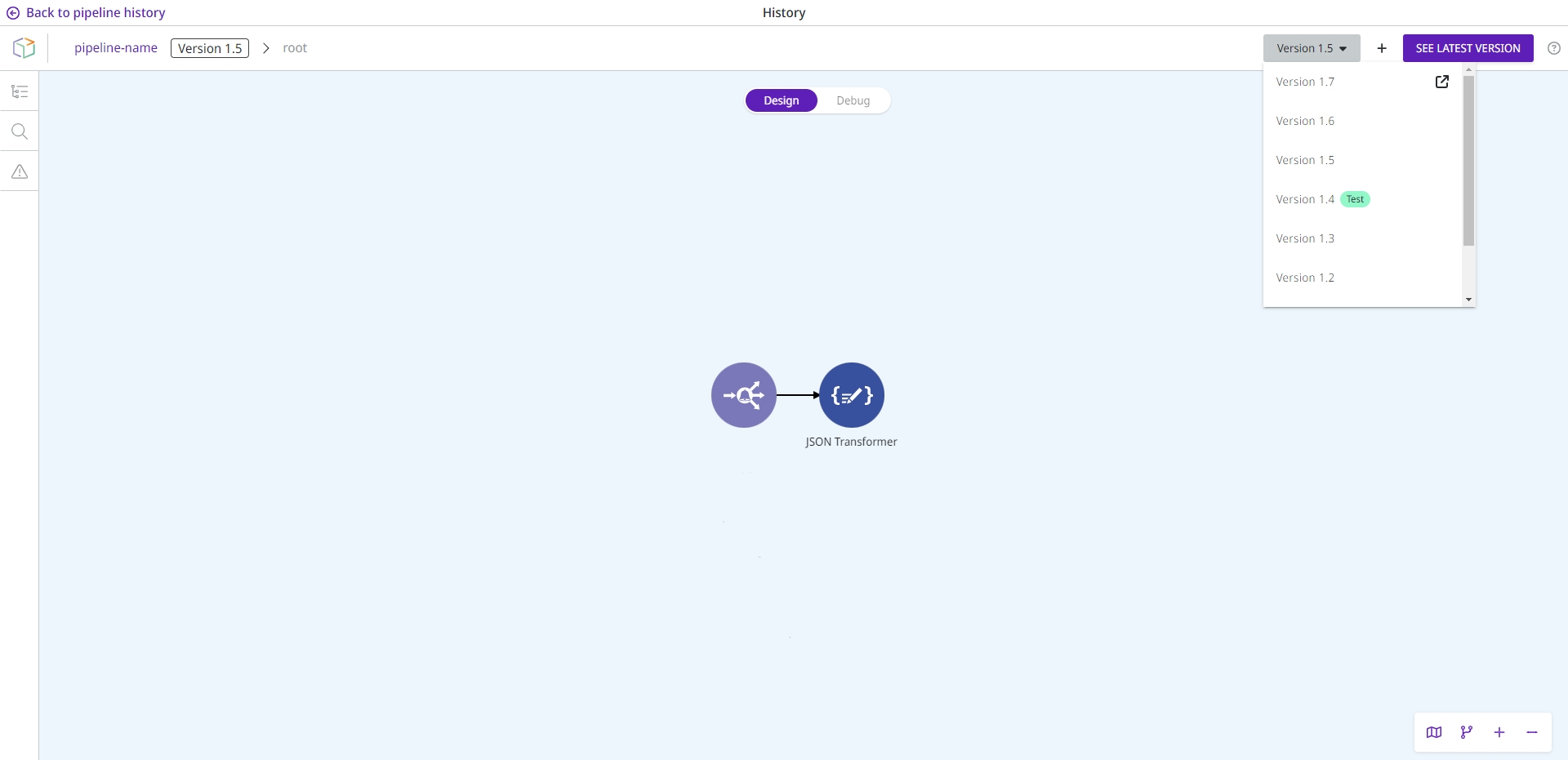 Canvas screen, where you can see, create and restore pipeline versions.
